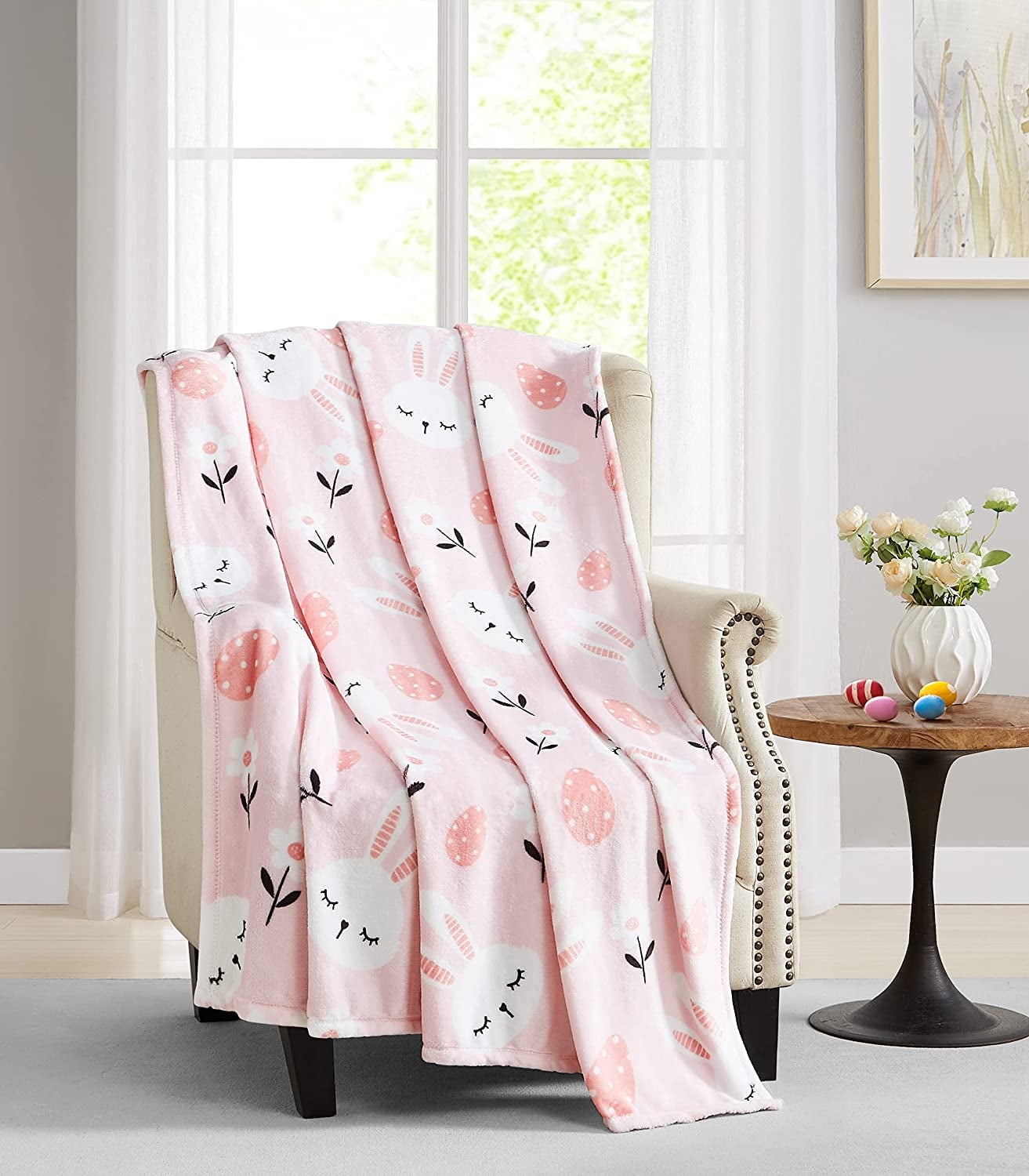 Serafina Home Decor Velvet Easter Fleece Throw Blanket Spring Bunnies