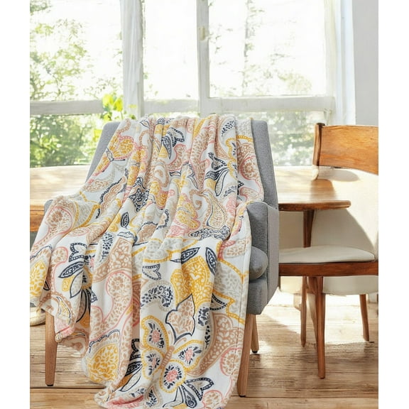 Serafina Home Throw Blanket: Velvelty Soft, Durable Fleece Accent for Bed or Couch (Yellow Paisley, 50 x 70 inches)