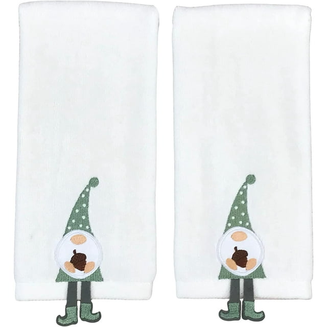 Serafina Home Decorative Fall Gnome Fingertip Towels: Embroidered Autumn Garden Gnome with Acorn Design with Fringe Dangle Feet on Plush Cream White, 2 Piece Set, 11" x 18" Inch