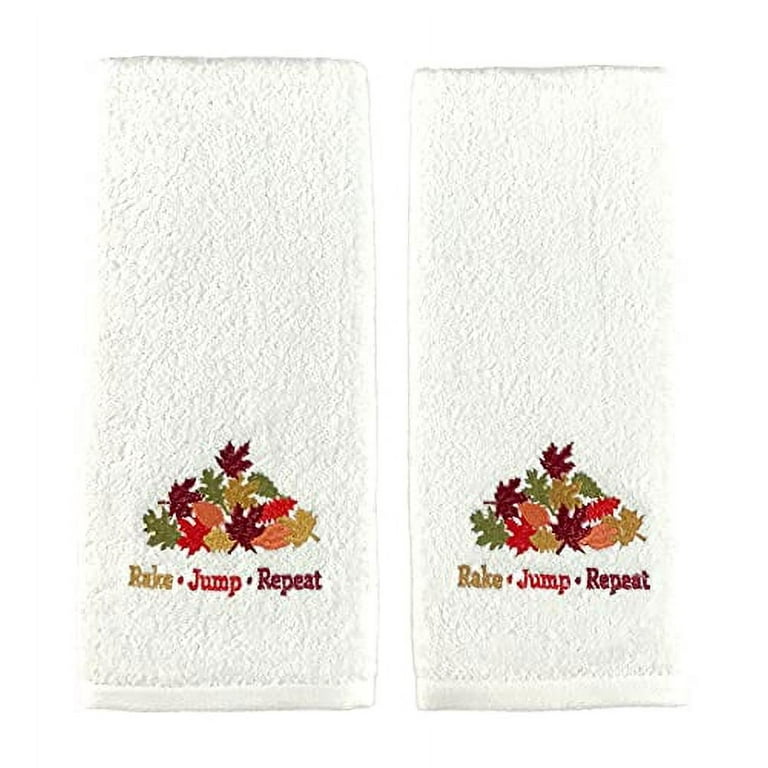 Serafina Home Decorative Fall Hand Towels: Plush Velour Cotton Embroidered Colorful Leaf Pile Fun Rake Jump Repeat Design, 2 Piece Set, 25 inch x 16