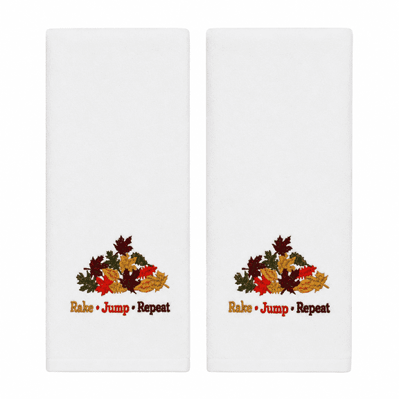 Serafina Home Decorative Fall Hand Towels: Plush Velour Cotton Embroidered Colorful Leaf Pile Fun Rake Jump Repeat Design, 2 Piece Set, 25" x 16" Inch Each