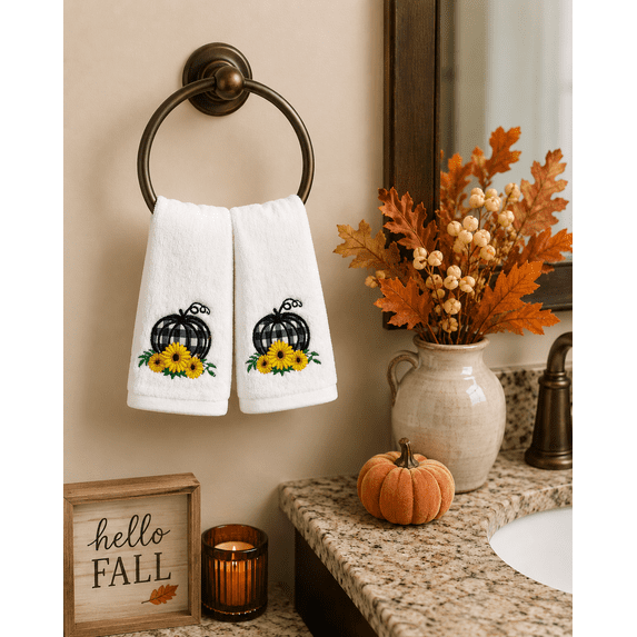 Fall Bathroom Fingertip Towels – Set of 2 Cotton with Embroidered Black & White Check Pumpkin and Sunflower Design – 12" x 18" Seasonal Autumn Bathroom & Kitchen Décor