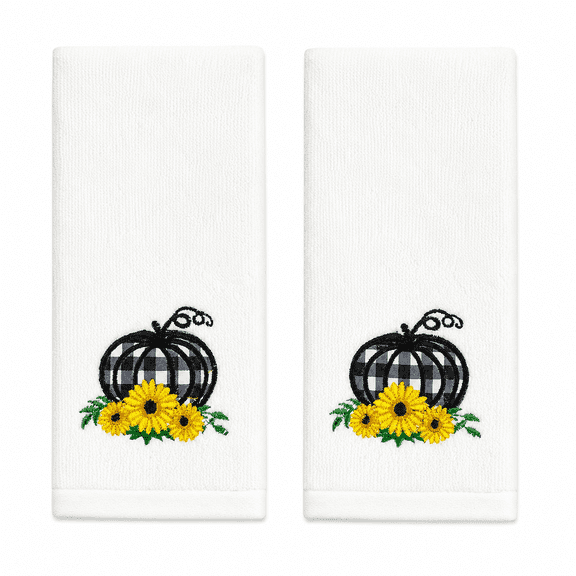 Serafina Home Fall Bathroom Fingertip Towels  Set of 2 Cotton with Embroidered Black & White Check Pumpkin and Sunflower Design  12" x 18" Seasonal Autumn Bathroom & Kitchen Dcor