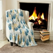 Serafina Home Decorative Floral Throw Blanket Design Accent for Couch or Bed, Colors Light Beige Navy Aqua Blue Yellow White