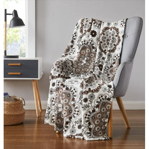 Serafina Home Decorative Grey Brown Throw Blankets: Soft Plush Medallion Floral Accent for Sofa Couch Chair Bedroom or Dorm,, Colored: Chocolate, Grey, Taupe, White (Taupe)