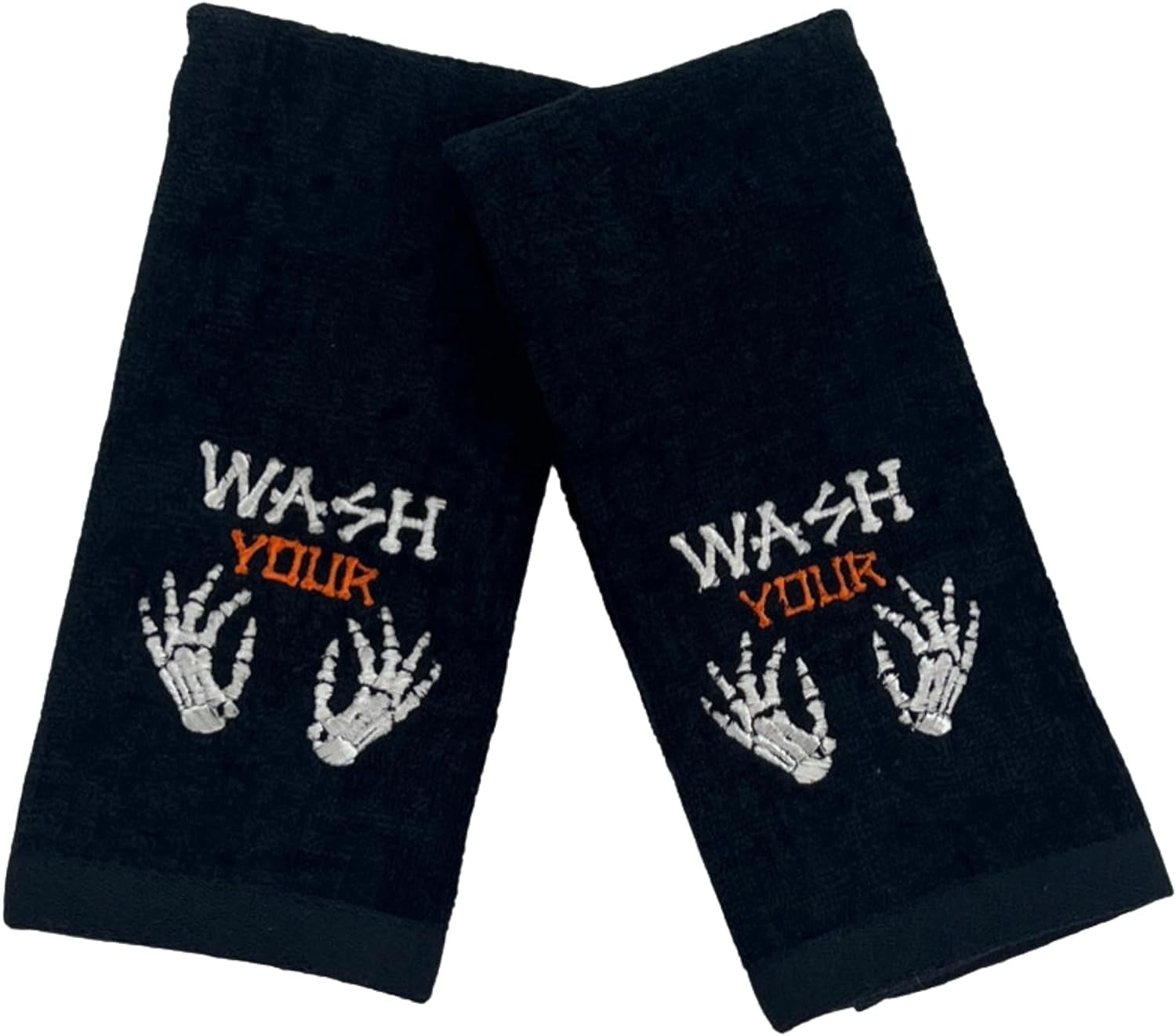 Serafina Home Halloween Fingertip Bathroom Towels Set of 2 – 12" x 18" Black 100% Cotton with Funny “Wash Your Hands or Bones” Design – Spooky & Humorous Bathroom and Kitchen Decor