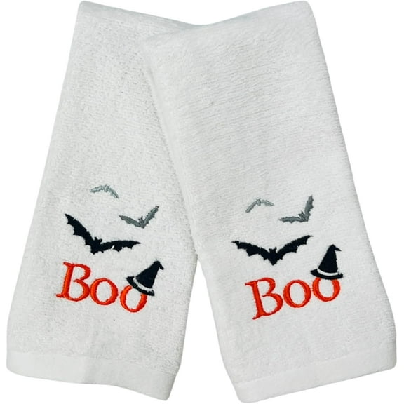 Serafina Home Decorative Halloween Fingertip Towels: Plush White Embroidered Cotton Spooky Boo Bat Design, 2 Piece Set, 11" x 18" Inch (Boo)