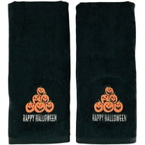 Serafina Home Decorative Halloween Hand Towels: Black Plush Velour Cotton Embroidered Jack 'O Lantern Pumpkin Pile Design, 2 Piece Set, 25" x 16" Inch Each