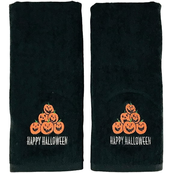 Serafina Home Decorative Halloween Hand Towels: Black Plush Velour Cotton Embroidered Jack 'O Lantern Pumpkin Pile Design, 2 Piece Set, 25" x 16" Inch Each