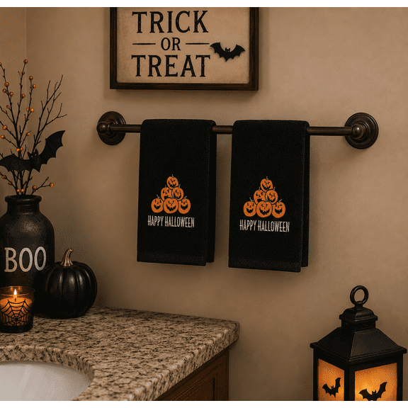 Serafina Home Decorative Halloween Hand Towels: Black Plush Velour Cotton Embroidered Jack 'O Lantern Pumpkin Pile Design, 2 Piece Set, 25" x 16" Inch Each