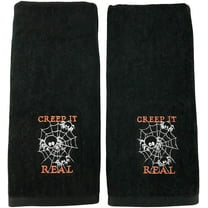 Serafina Home Decorative Halloween Hand Towels: Creep It Real Spider Web Design Embroidered Black Plush Velour Cotton, Set of 2 (Spiders)