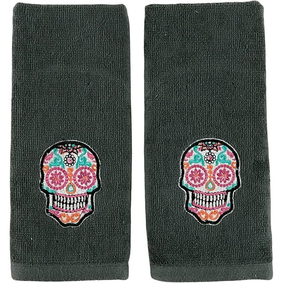 Serafina Home Decorative Halloween Hand Towels: Grey Plush Velour Cotton Embroidered Colorful Sugar Skull, 2 Piece Set (25" x 16" Inch)