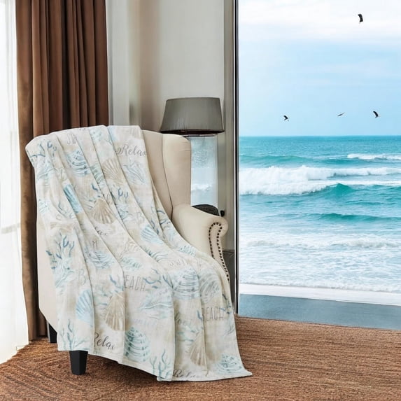Serafina Home Decorative Home Decor Ocean Life Coastal Throw Blanket: Soft Plush Velvet Fleece Calming Hues of Blues Greens Beige White Relax Beach Sunset Words, Accent with Shells and Coral