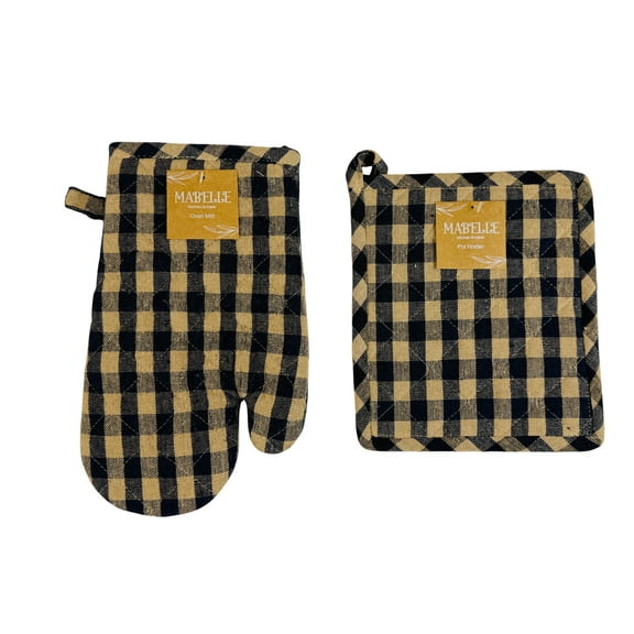 Serafina Home Decorative Kitchen Pot Holders Blue Beige Ginham Checkered 2 pc Set: (1) Oven Mitt and One (1) Pot Holder