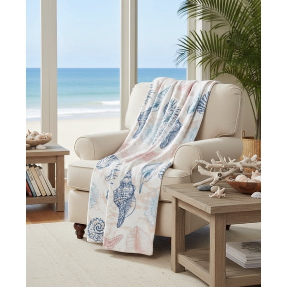Serafina Home Decorative Ocean Life Coastal Throw Blanket: Soft Plush Velvet Fleece Calming Hues of Blues and Soft Coral Pink, Accent for Sofa Couch Chair Bed or Dorm