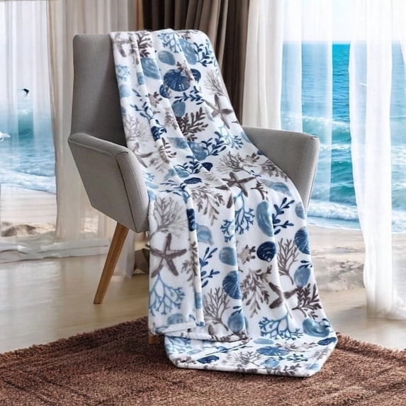 Serafina Home Decorative Ocean Life Throw Blanket: Soft Plush Velvet Fleece Hues of Blue Grey on White Accent for Couch or Bed, Colored: Blue Gray Taupe White