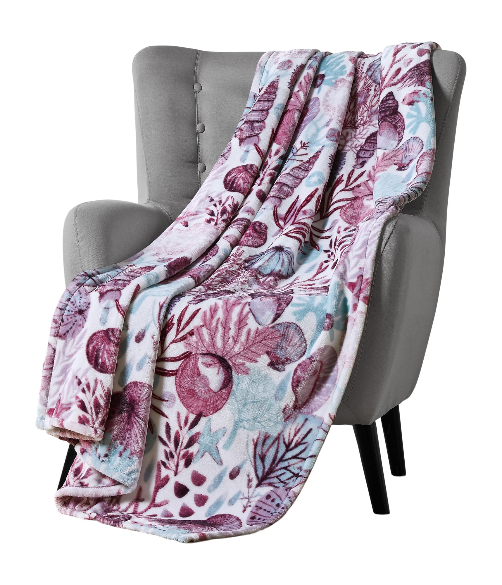 Coastal Sea Life Plush Throw Blanket in Purple and Aqua