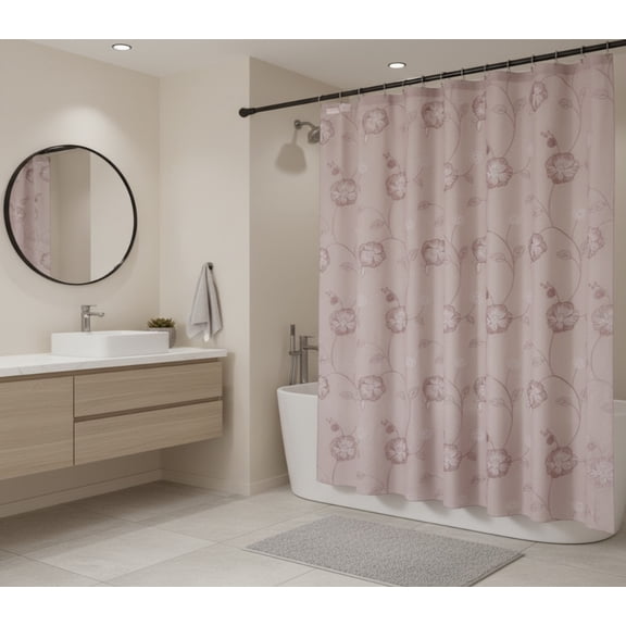 Serafina Home Decorative Sheer Fabric Shower Curtain: Dusty Pink Two Toned Pink and White Embroidered Flower Leaf Design with Metallic Threading (Blush / White)
