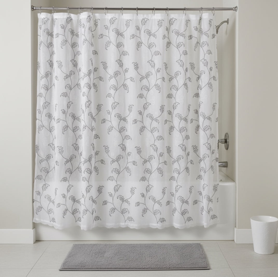 Serafina Home Decorative Sheer Fabric Shower Curtain: Gray and White Embroidered Leaves with Metallic Threading