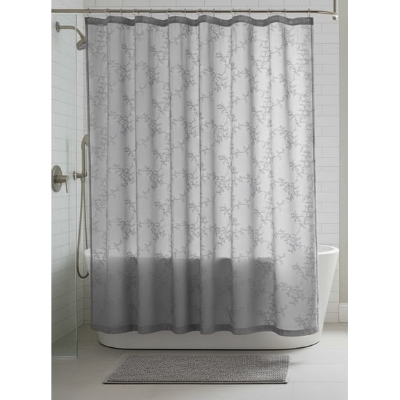 Serafina Home Decorative Sheer Fabric Shower Curtain: Grey Embroidered Leaf and Vine Botanical Design Metallic Silver Lined