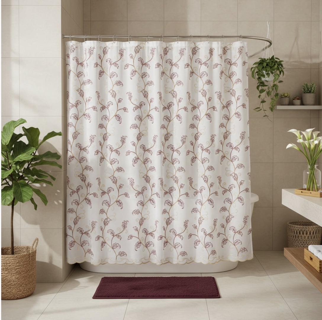 Serafina Home Decorative Sheer Fabric Shower Curtain: Two Toned Burgundy Red and Gold Embroidered Leaves with Metallic Threading