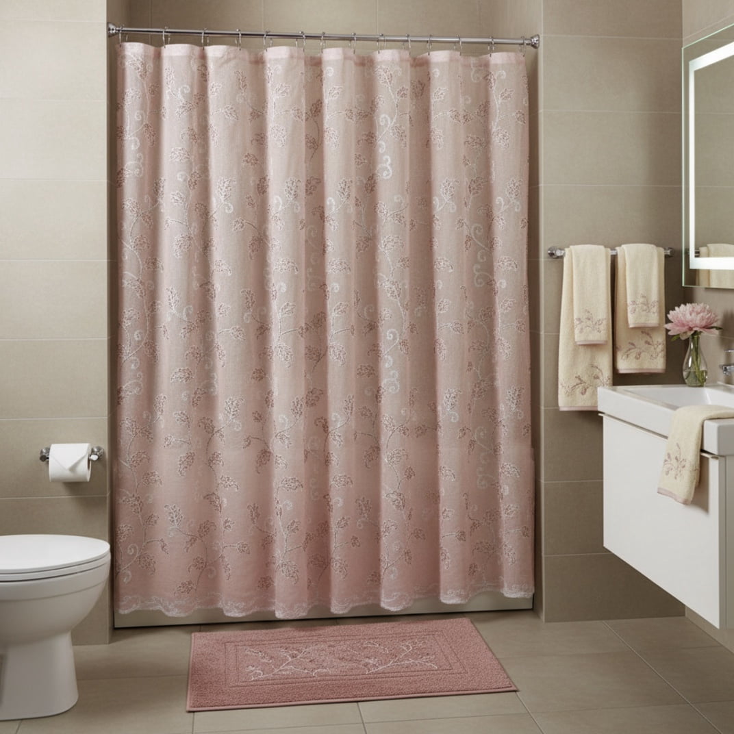 Serafina Home Decorative Sheer Fabric Shower Curtain: Two Toned Dusty Pink and White Embroidered Leaves with Metallic Threading (Blush/White) 70 x 72