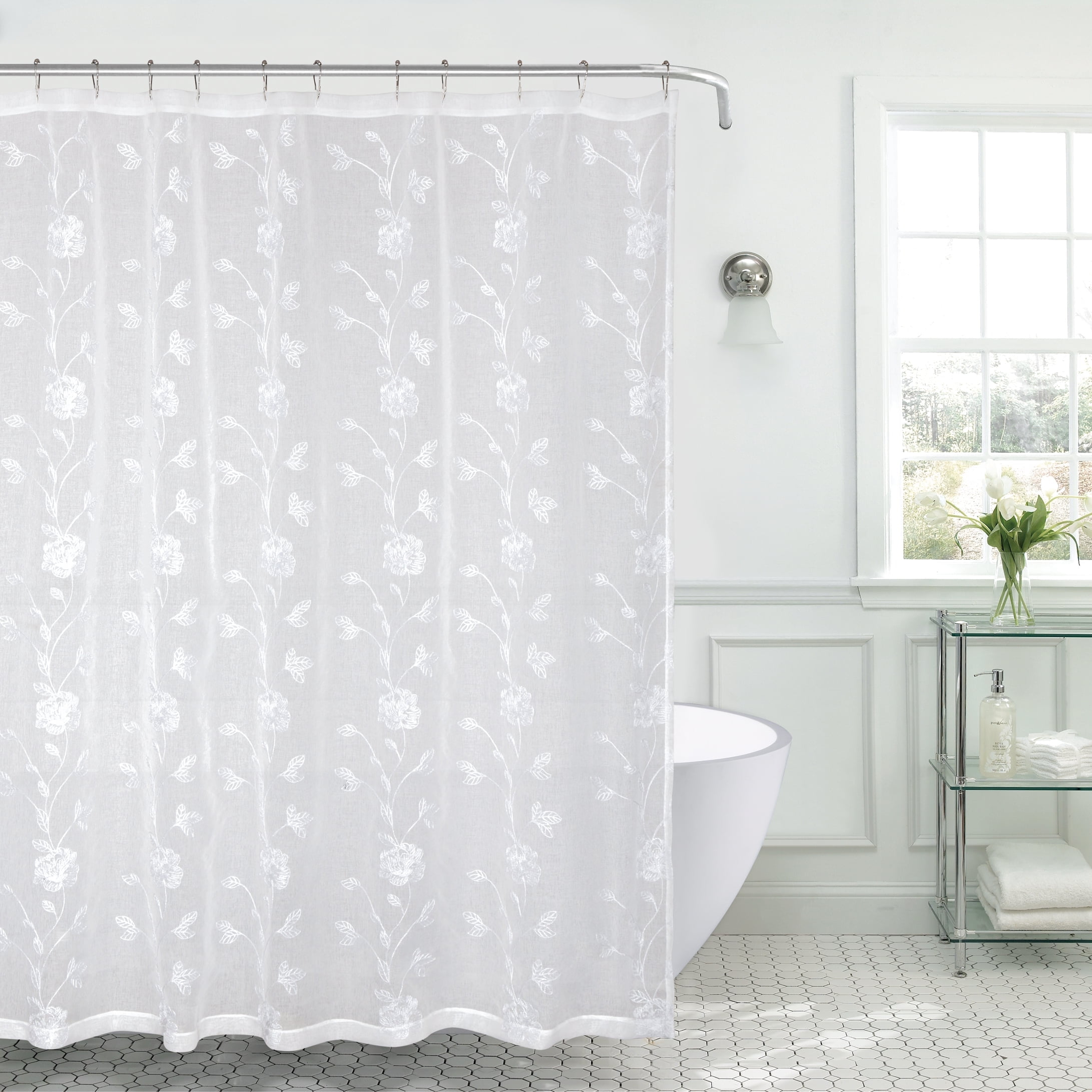 Serafina Home Decorative Sheer Fabric Shower Curtain Two Toned White