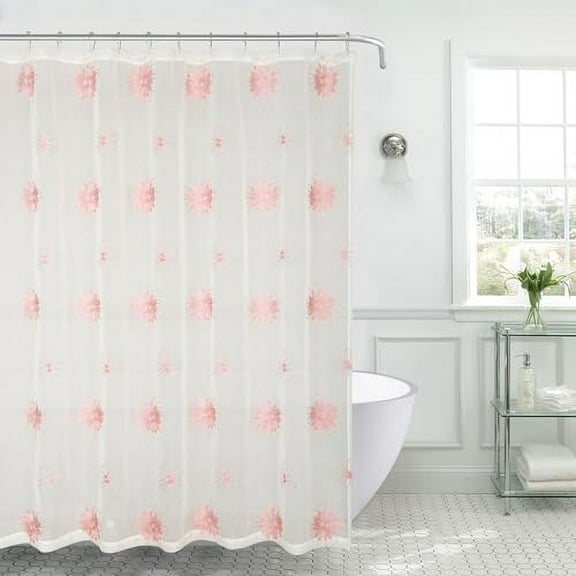 Serafina Home Decorative Sheer Fabric Shower Curtain for Bathroom: Ivory Cream Blush Embroidered Floral Design with Beige Silver Threading