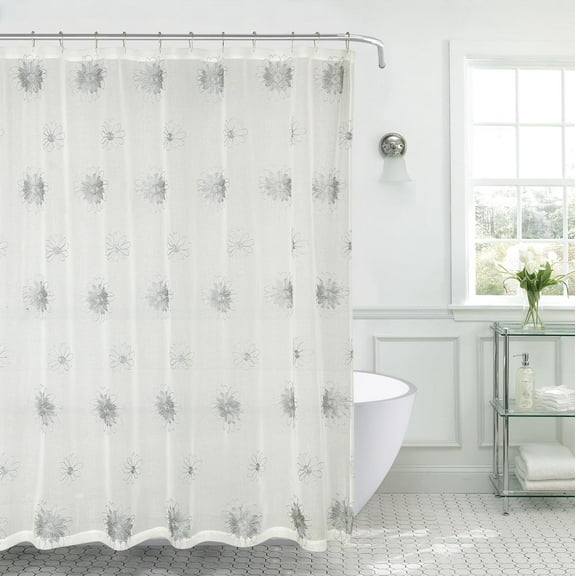 Serafina Home Decorative Sheer Fabric Shower Curtain for Bathroom: Ivory Creme Silver Embroidered Floral Design with Beige Silver Threading