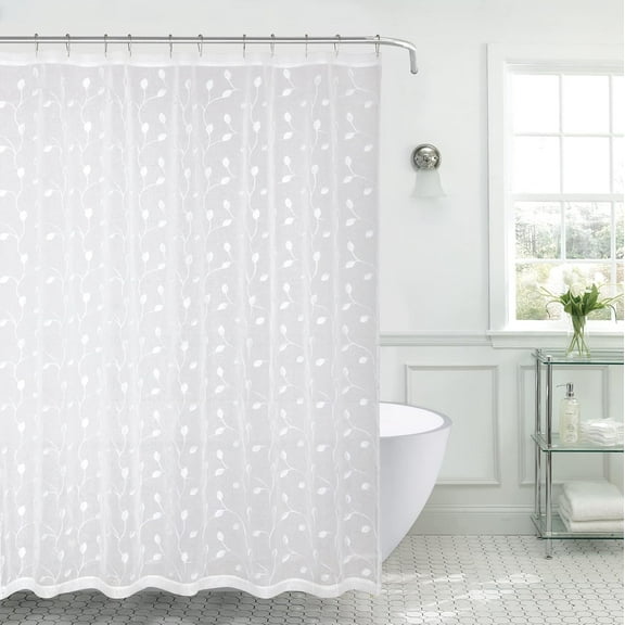 Serafina Home Decorative Sheer Fabric Shower Curtain for Bathroom: White Embroidered Botanical Design Metallic White Threading