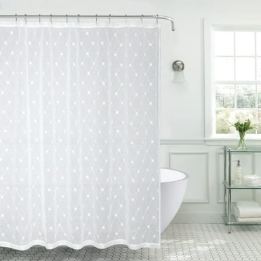 Serafina Home Decorative Sheer Fabric Shower Curtain for Bathroom: White Embroidered Floral Design with White Threading