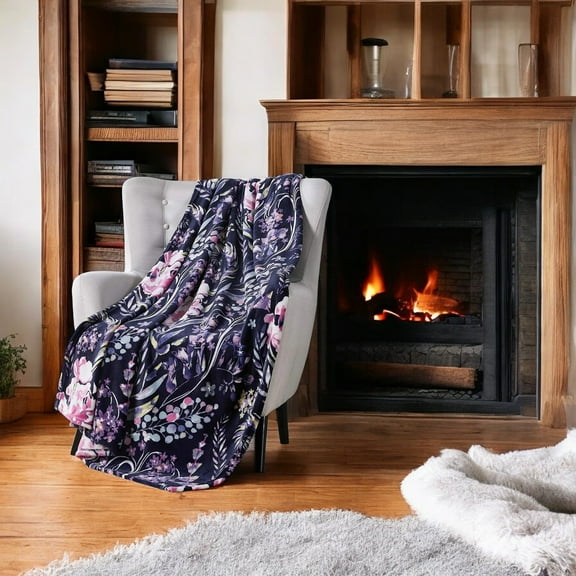 Serafina Home Decorative Throw Blanket: Swaying Floral Vibrant Botanical Accent for Couch or Bed, Colors: Dark Navy Blue Pink Purple Yellow Green White