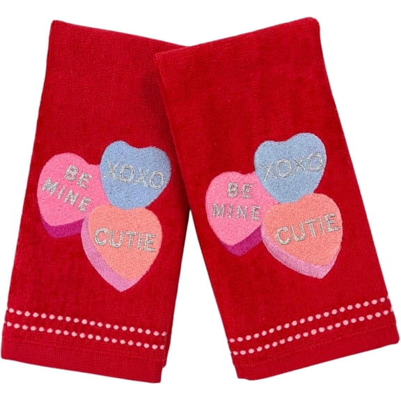 Serafina Home Decorative Valentine Theme Embroidered Bath Fingertip Heart Towel Set: Candy Sweet Hearts Pink Orange Green Towels, Elegant Be Mine Cutie XOXO Hearts, 2 Pc (12 x 18 inches)