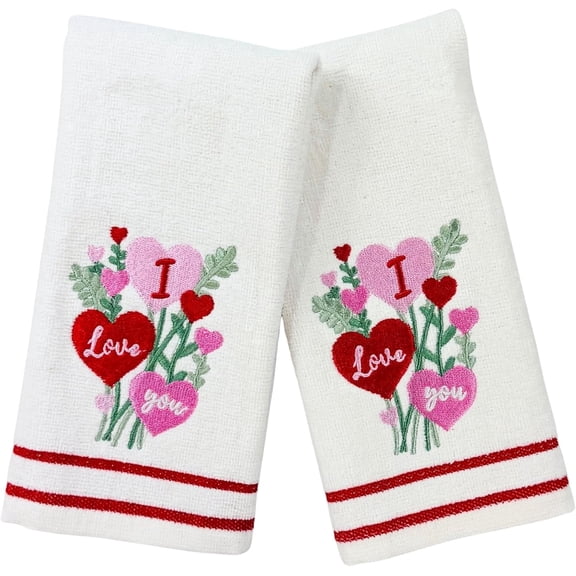 Serafina Home Decorative Valentine Theme Embroidered Bath Fingertip Heart Towel Set: I Love You Hearts Bouquet Towels, Pink Red Green, 2 Pc (12 x 18 inches)