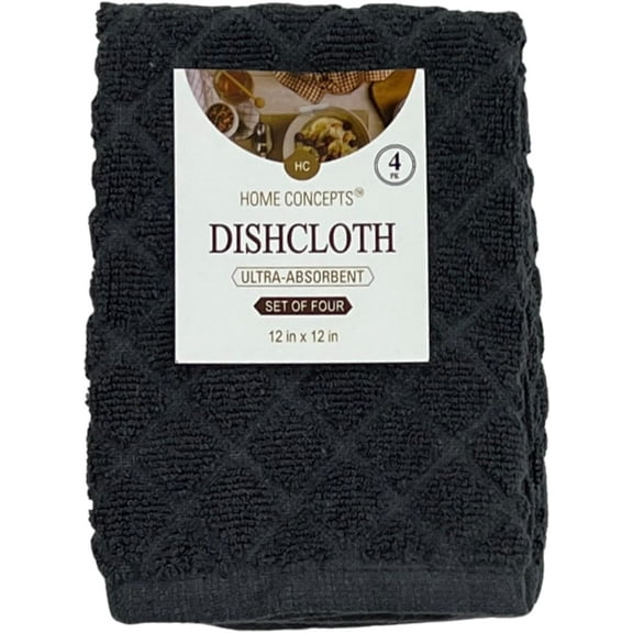 Serafina Home Diamond Weave Dark Grey Solid Neutral Kitchen Dish Cloths: 100% Cotton Cloth Soft Cleaning Drying Ultra Absorbent, Set of 4 Multipurpose for Everyday Use Oversized 12" x 12"