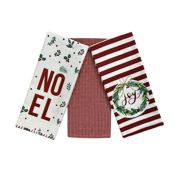 Serafina Home Holiday Christmas Kitchen Bath Dish Hand Towels: Noel and Joy Flat Weave and Waffle Red 3 Pc Design, Red White, 100% Cotton 15" x 25" for Hands, Dishes or Home Decor