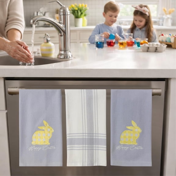 Serafina Home Easter Bath Guest Hand Kitchen Towels: Soft Absorbent Embroidered Gingham Easter Bunny Design, 100% Cotton, Purple, Yellow, White Three Pc Set, 16" x 26"