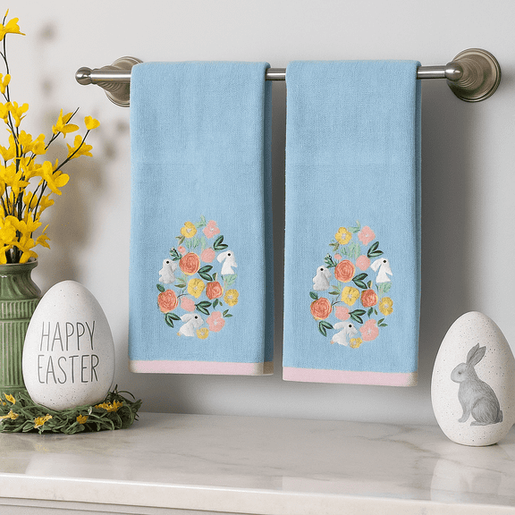 Serafina Home Easter Bathroom Hand Towels, 100% Cotton with Embroidered Easter Egg Floral Design, 16x25 Inches, Set of 2, Decorative Guest Towels for Bath Kitchen