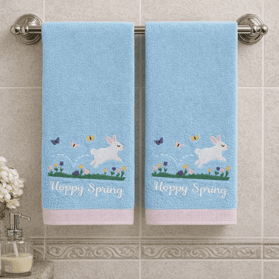Serafina Home Easter Bathroom Hand Towels, 100% Cotton with Embroidered Elegant Bunny Hopping with Flowers and Butterflies Floral Design, 16x25 Inches, Decorative Guest Towels for Bath Kitchen