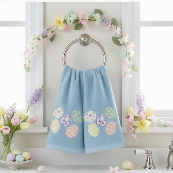 Serafina Home Easter Fingertip Towels, Blue Cotton with Embroidered Eggs Design, 18x12 Inches, Set of 2, Decorative Hand Towels for Bath Kitchen