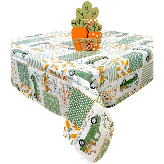 Serafina Home Easter Flannel Back Vinyl Tablecloth: Country Bunny in Green Truck Pick Your Own Carrots Patchwork Design (60" Round, Green)