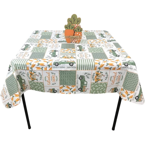 Serafina Home Easter Flannel Back Vinyl Tablecloth: Country Bunny in Green Truck Pick Your Own Carrots Patchwork Design (60" Round, Green)