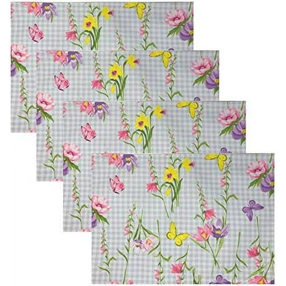 Serafina Home Easter Floral Butterfly Meadow Blue Gingham Printed Fabric Placemats Set of 4, 13" x 19"