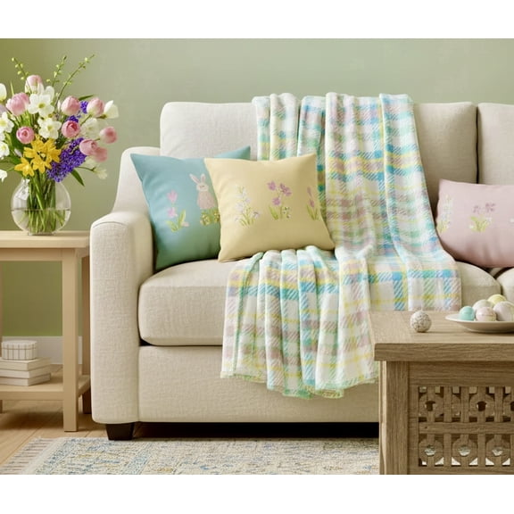 Serafina Home Easter Pastel Plaid Spring Fleece Throw Blanket: Soft Cozy Velvety Colors of Pink Blue Yellow White, Oversized 50" x 70" Inch, for Baby Showers, Christenings, Baptisms