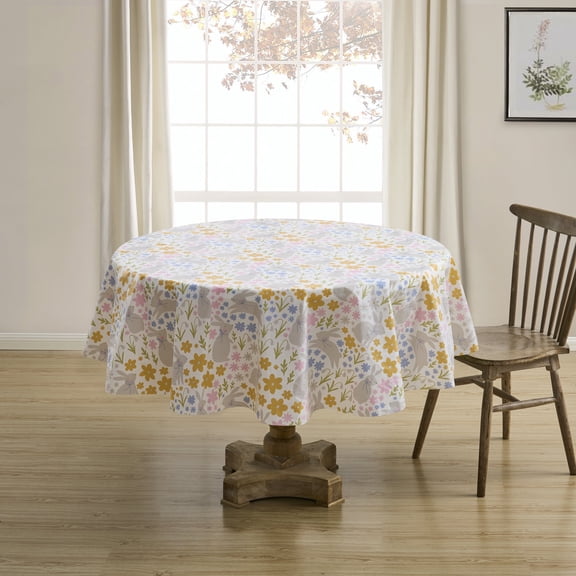 Serafina Home Spring Easter Vinyl Flannel Backed Tablecloth for Dining Room Kitchen Table Decor: Happy Bunny Rabbit Bunnies Floral Design Pink Blue Green Yellow White-Easter Rabbit 70"