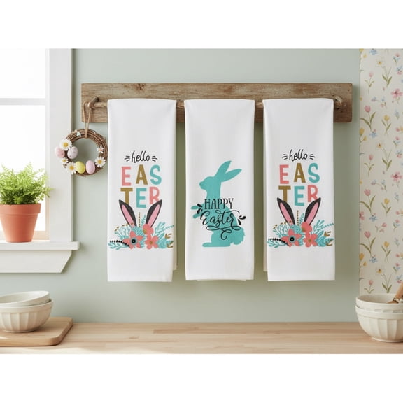 Serafina Home Easter Spring Kitchen Dish Hand Towels: Pink White Blue Bunny Flowers, Cute and Colorful, 100% Cotton