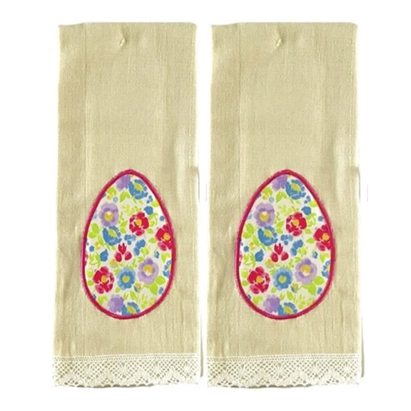 Serafina Home Easter Spring Kitchen Dish Towels, 2 Pc. Set: Beige Terry Towels with Flower Decorated Easter Egg Applique and Lace Border