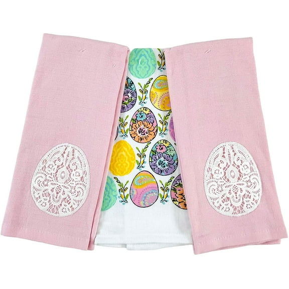 Serafina Home Easter Spring Kitchen Dish Towels, 2 Pc. Set: Pink Terry Towels with Decorated Macramé Lace Easter Egg Applique (Pink/White)