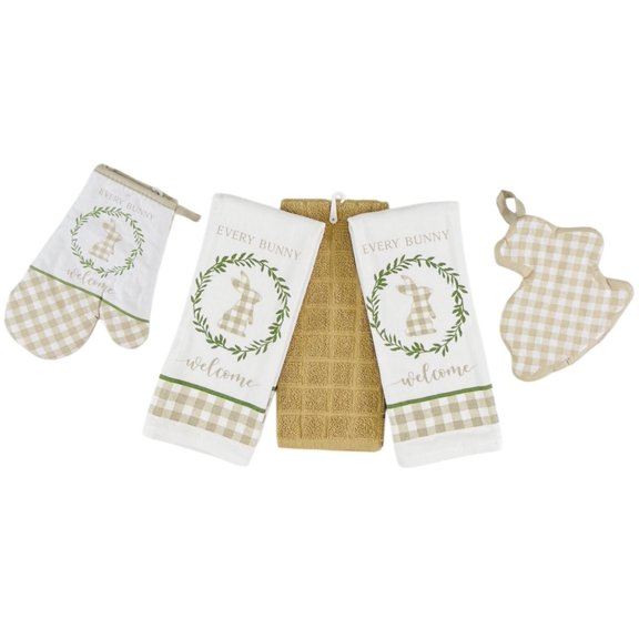 Serafina Home Easter Spring Kitchen Dish Towels Pot Holders Mitt Set: Sketched Brown Bunny with Flowers on Blue Plaid Background