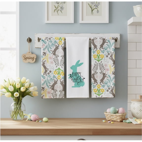 Serafina Home Easter Spring Kitchen Dish Towels: Serafina Home Easter Spring Kitchen Dish Towels: Hopping Bunnies and Colorful Flowers, 100% Cotton (Hoppy Bunny)